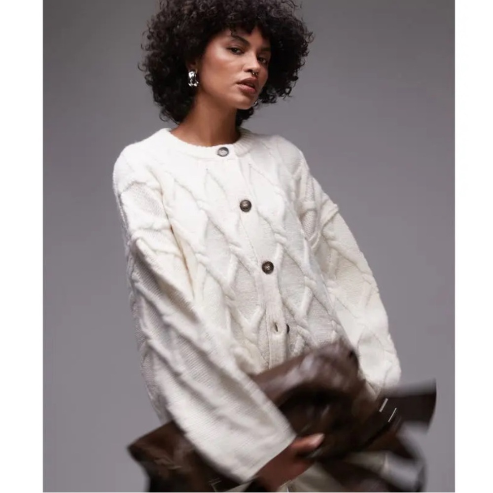 Topshop Diamond Knit Oversize Cardigan In White